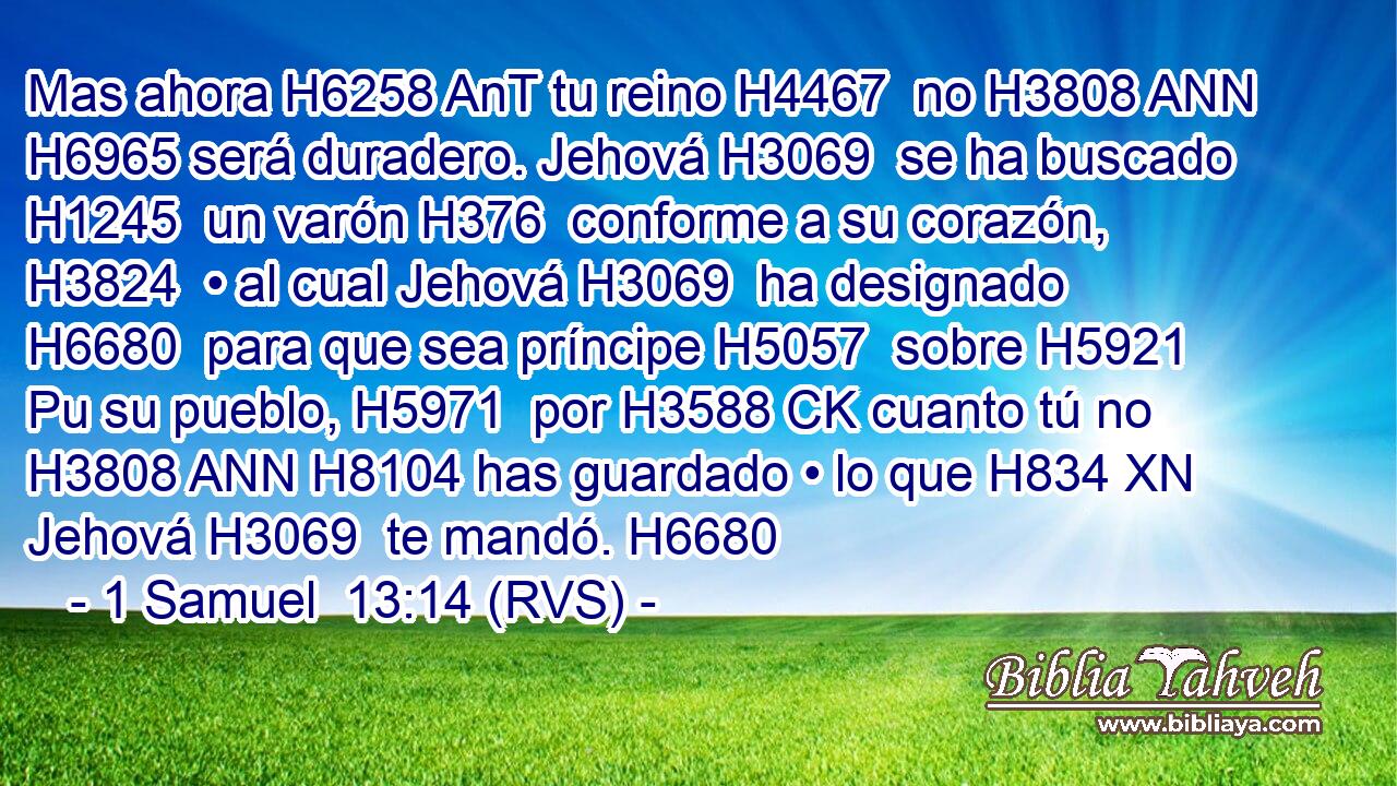 Mas ahora H6258 AnT tu reino H4467  no H3808 ANN H6965 será duradero. Jehová H3069  se ha buscado H1245  un varón H376  conforme a su corazón, H3824  • al cual Jehová H3069  ha designado H6680  para que sea príncipe H5057  sobre H5921 Pu su pueblo, H5971  por H3588 CK cuanto tú no H3808 ANN H8104 has guardado • lo que H834 XN Jehová H3069  te mandó. H6680  