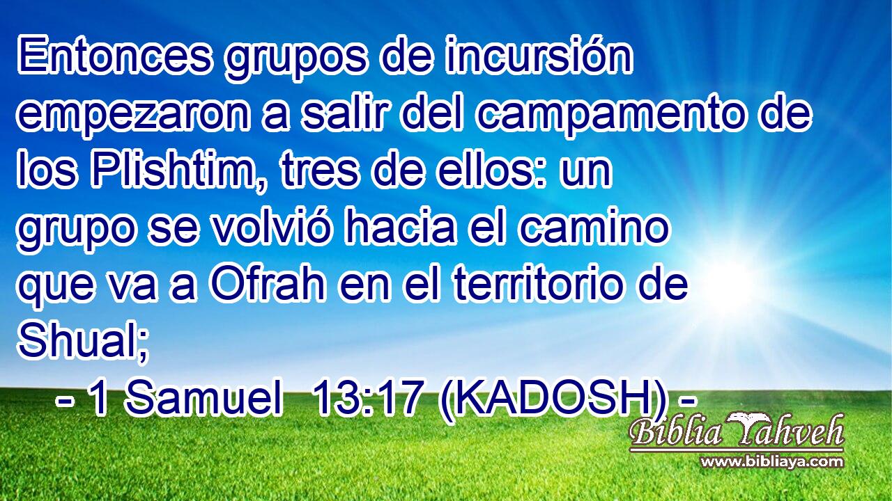  Entonces grupos de incursión empezaron a salir del campamento de los Plishtim, tres de ellos: un grupo se volvió hacia el camino que va a Ofrah en el territorio de Shual; 
