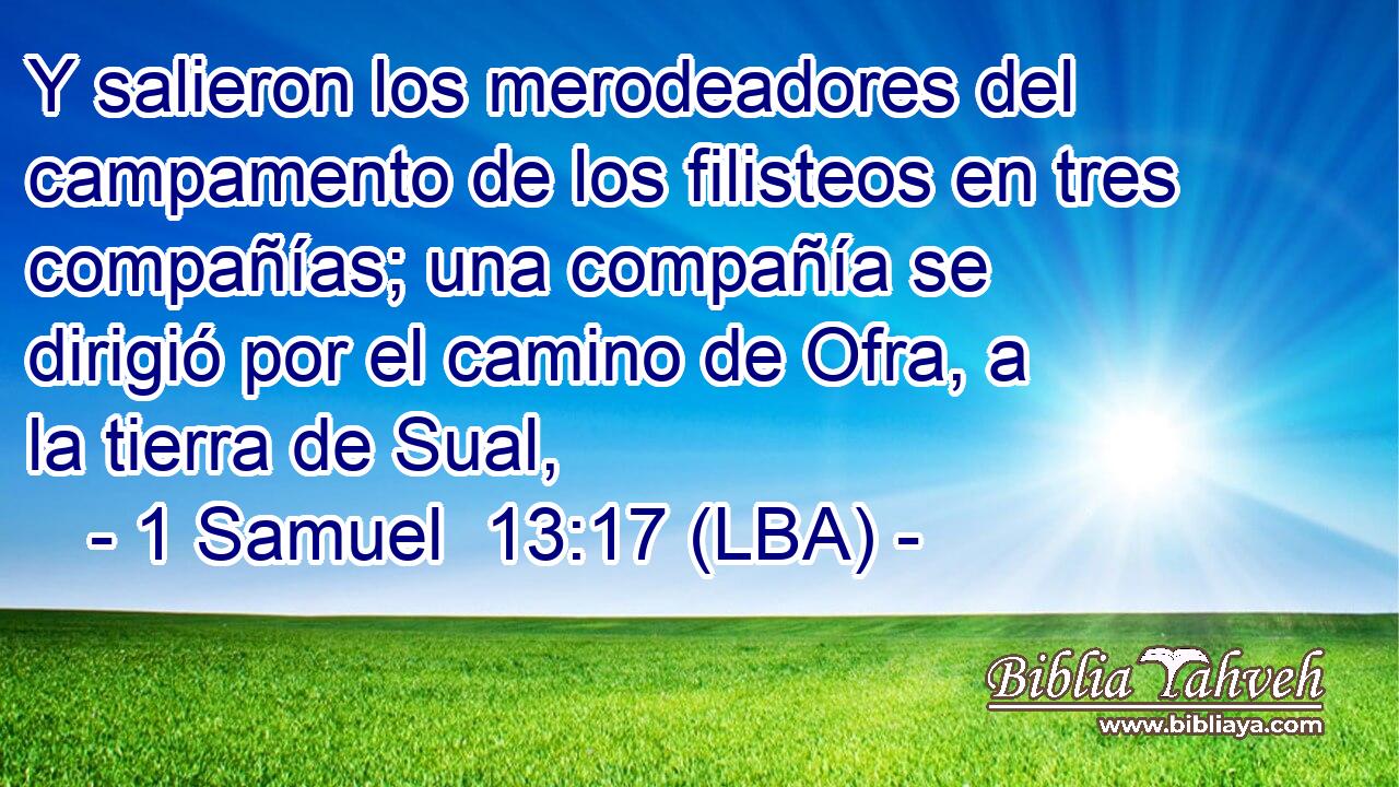 Y salieron los merodeadores del campamento de los filisteos en tres compañías; una compañía se dirigió por el camino de Ofra, a la tierra de Sual,