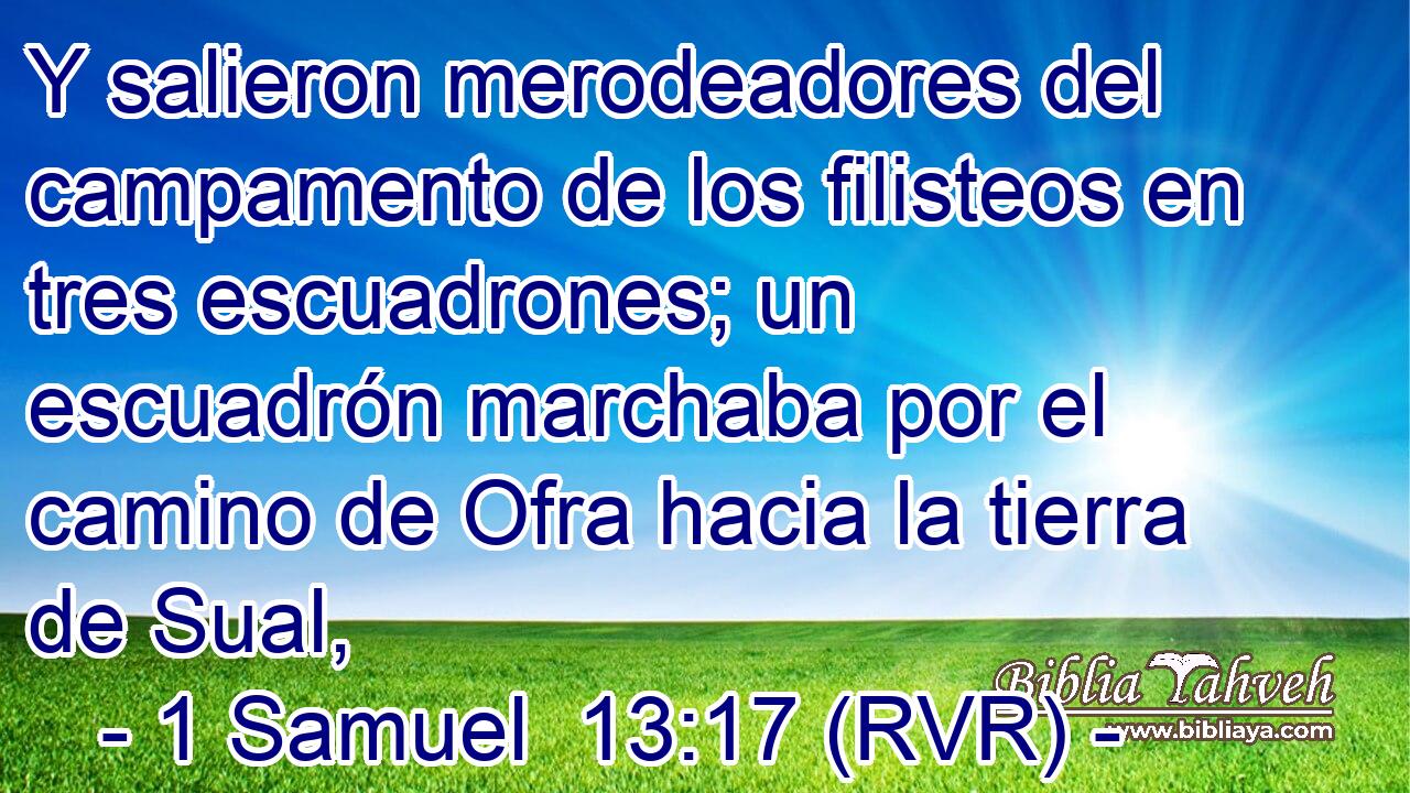 Y salieron merodeadores del campamento de los filisteos en tres escuadrones; un escuadrón marchaba por el camino de Ofra hacia la tierra de Sual,
