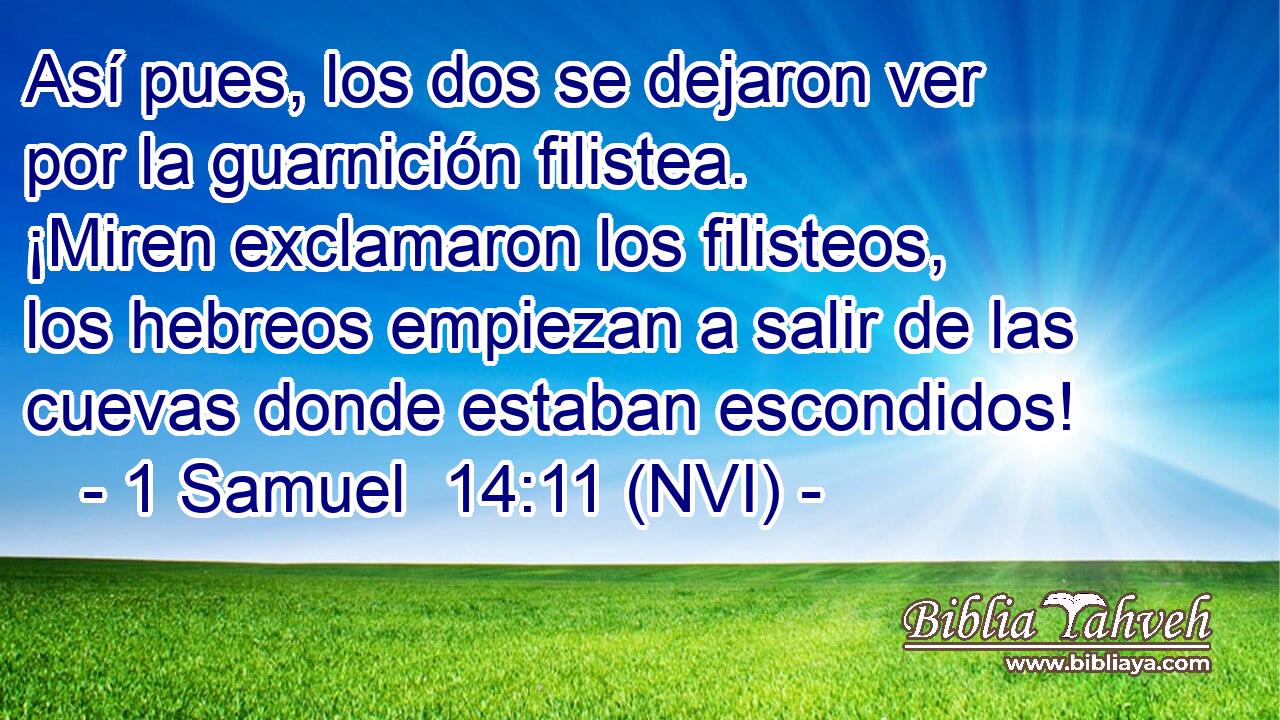  Así pues, los dos se dejaron ver por la guarnición filistea. ¡Miren exclamaron los filisteos, los hebreos empiezan a salir de las cuevas donde estaban escondidos! 