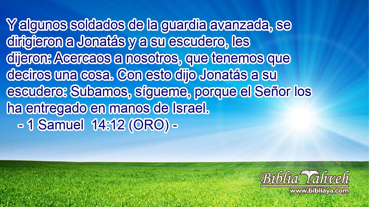  Y algunos soldados de la guardia avanzada, se dirigieron a Jonatás y a su escudero, les dijeron: Acercaos a nosotros, que tenemos que deciros una cosa. Con esto dijo Jonatás a su escudero: Subamos, sígueme, porque el Señor los ha entregado en manos de Israel. 