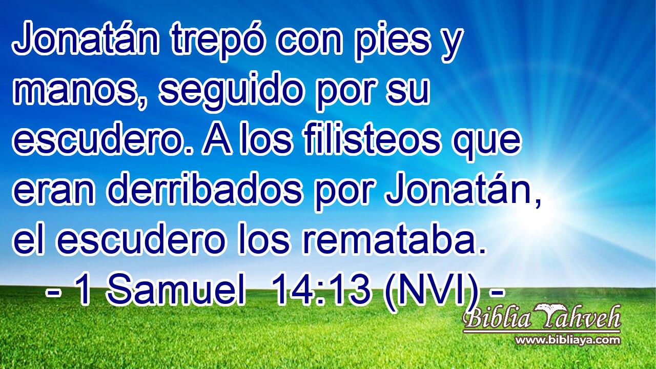  Jonatán trepó con pies y manos, seguido por su escudero. A los filisteos que eran derribados por Jonatán, el escudero los remataba. 