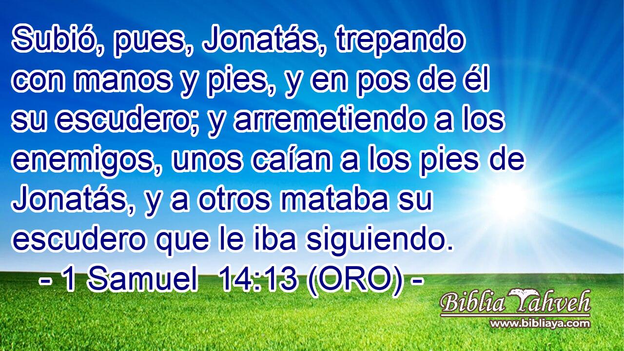  Subió, pues, Jonatás, trepando con manos y pies, y en pos de él su escudero; y arremetiendo a los enemigos, unos caían a los pies de Jonatás, y a otros mataba su escudero que le iba siguiendo. 