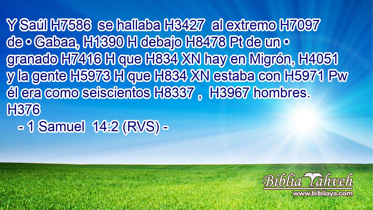 Y Saúl H7586  se hallaba H3427  al extremo H7097  de • Gabaa, H1390 H debajo H8478 Pt de un • granado H7416 H que H834 XN hay en Migrón, H4051  y la gente H5973 H que H834 XN estaba con H5971 Pw él era como seiscientos H8337 ,  H3967 hombres. H376  