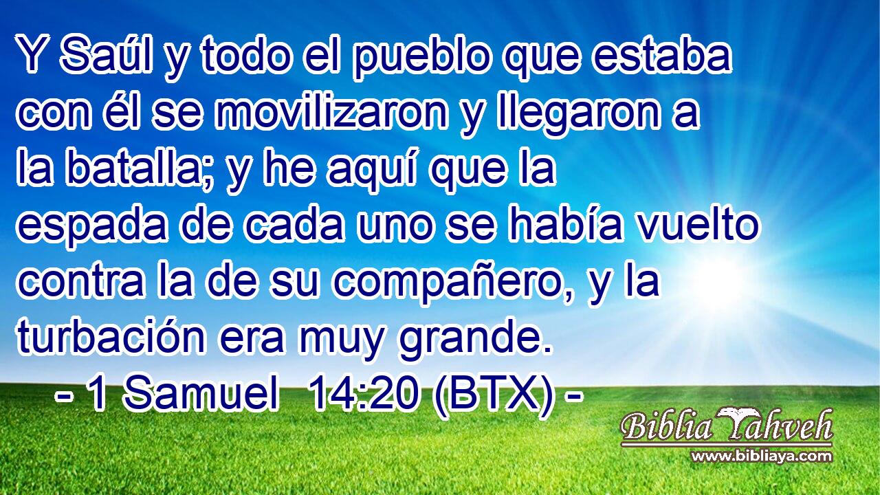 Y Saúl y todo el pueblo que estaba con él se movilizaron y llegaron a la batalla; y he aquí que la espada de cada uno se había vuelto contra la de su compañero, y la turbación era muy grande.