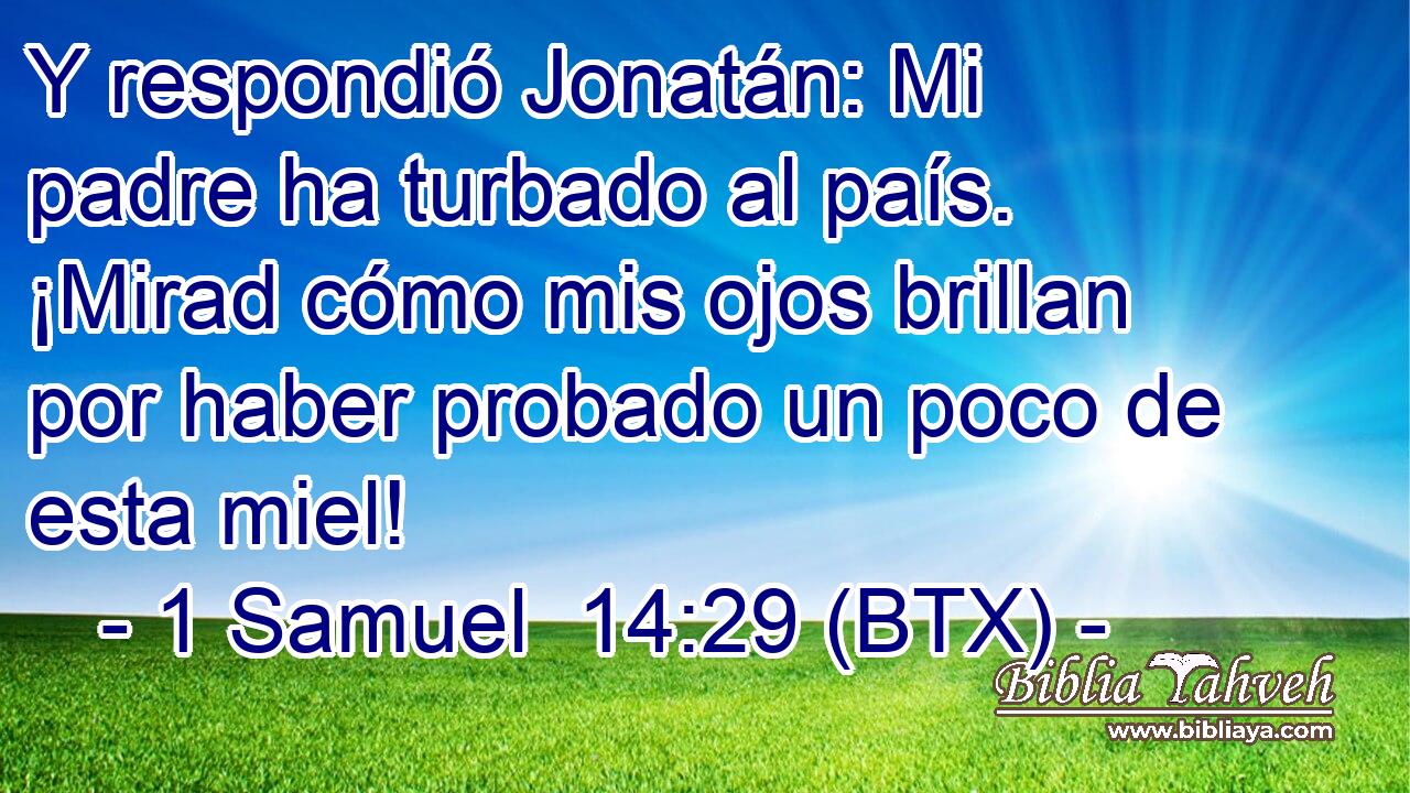 Y respondió Jonatán: Mi padre ha turbado al país. ¡Mirad cómo mis ojos brillan por haber probado un poco de esta miel!