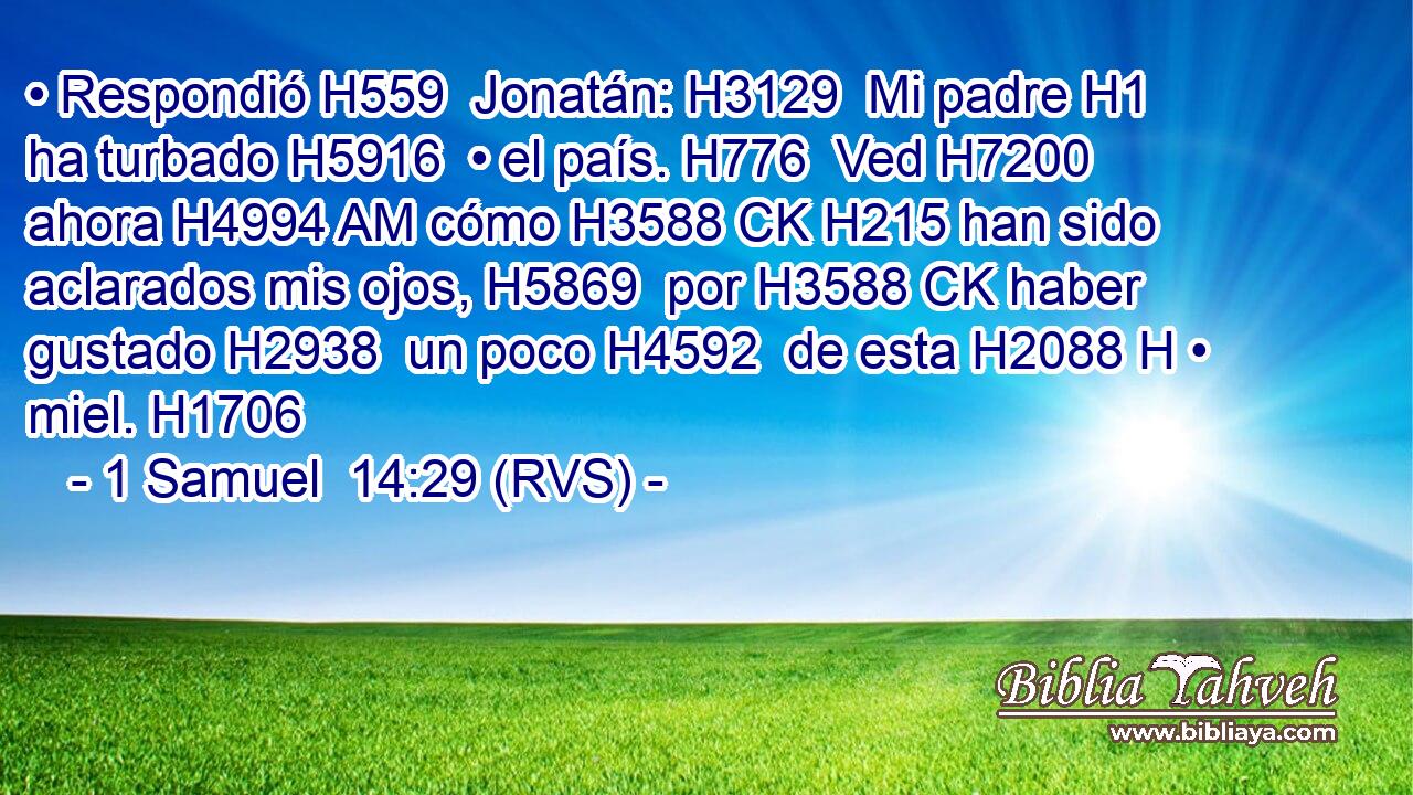 • Respondió H559  Jonatán: H3129  Mi padre H1  ha turbado H5916  • el país. H776  Ved H7200  ahora H4994 AM cómo H3588 CK H215 han sido aclarados mis ojos, H5869  por H3588 CK haber gustado H2938  un poco H4592  de esta H2088 H • miel. H1706  