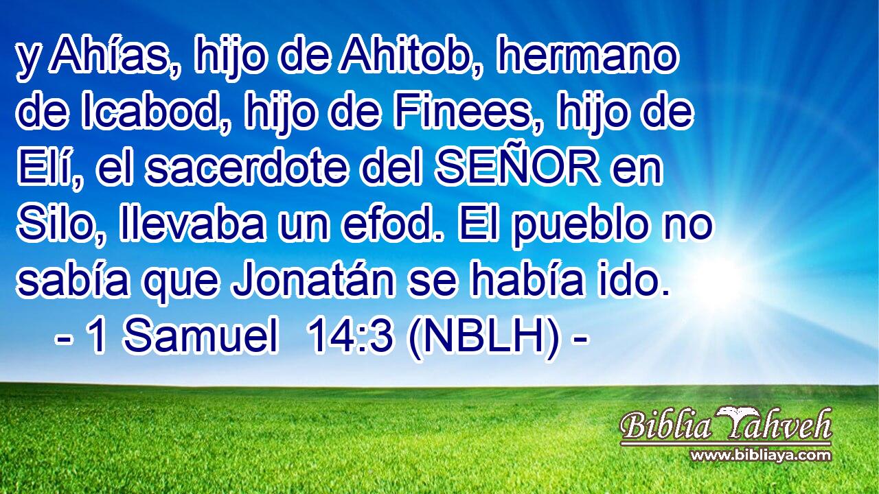  y Ahías, hijo de Ahitob, hermano de Icabod, hijo de Finees, hijo de Elí, el sacerdote del SEÑOR en Silo, llevaba un efod. El pueblo no sabía que Jonatán se había ido. 