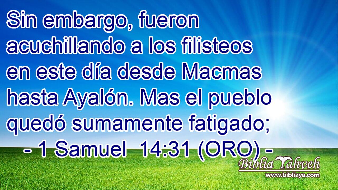  Sin embargo, fueron acuchillando a los filisteos en este día desde Macmas hasta Ayalón. Mas el pueblo quedó sumamente fatigado; 