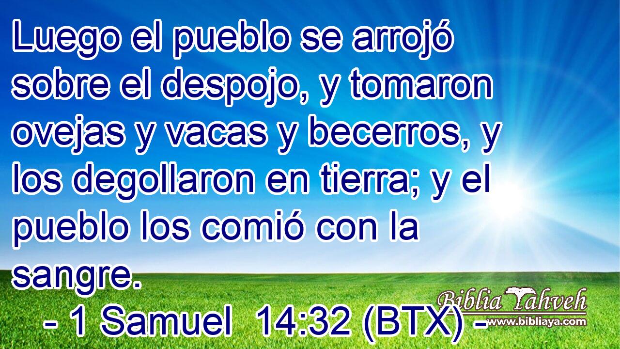 Luego el pueblo se arrojó sobre el despojo, y tomaron ovejas y vacas y becerros, y los degollaron en tierra; y el pueblo los comió con la sangre.