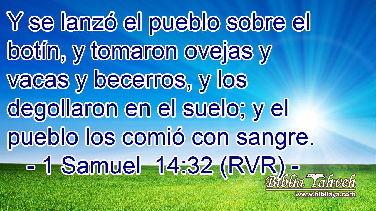 Y se lanzó el pueblo sobre el botín, y tomaron ovejas y vacas y becerros, y los degollaron en el suelo; y el pueblo los comió con sangre.