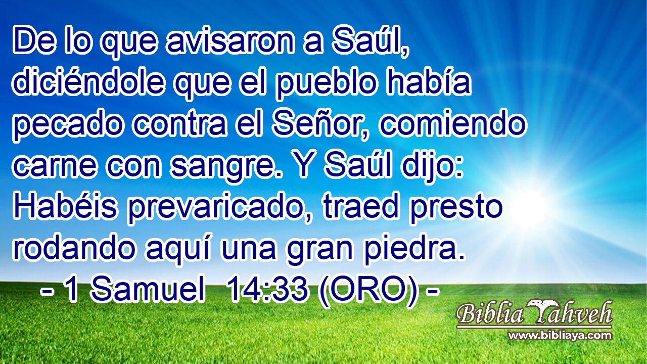  De lo que avisaron a Saúl, diciéndole que el pueblo había pecado contra el Señor, comiendo carne con sangre. Y Saúl dijo: Habéis prevaricado, traed presto rodando aquí una gran piedra. 