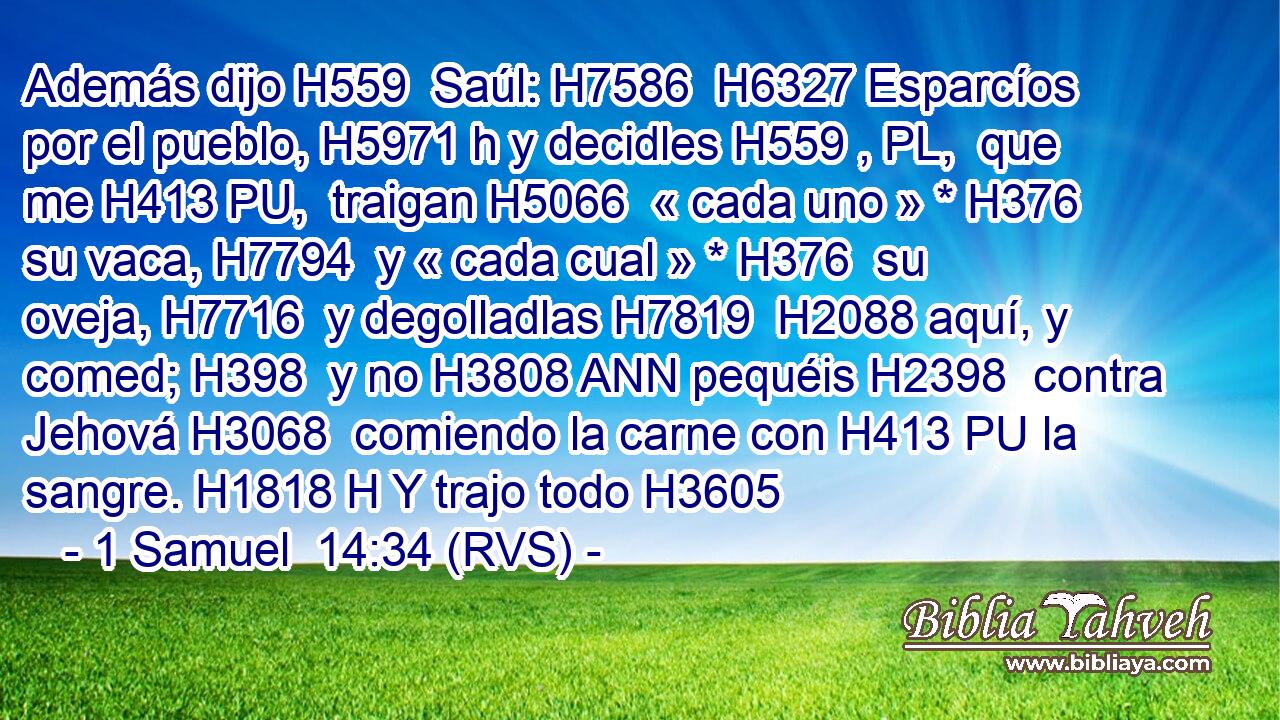 Además dijo H559  Saúl: H7586  H6327 Esparcíos por el pueblo, H5971 h y decidles H559 , PL,  que me H413 PU,  traigan H5066  « cada uno » * H376  su vaca, H7794  y « cada cual » * H376  su oveja, H7716  y degolladlas H7819  H2088 aquí, y comed; H398  y no H3808 ANN pequéis H2398  contra Jehová H3068  comiendo la carne con H413 PU la sangre. H1818 H Y trajo todo H3605 