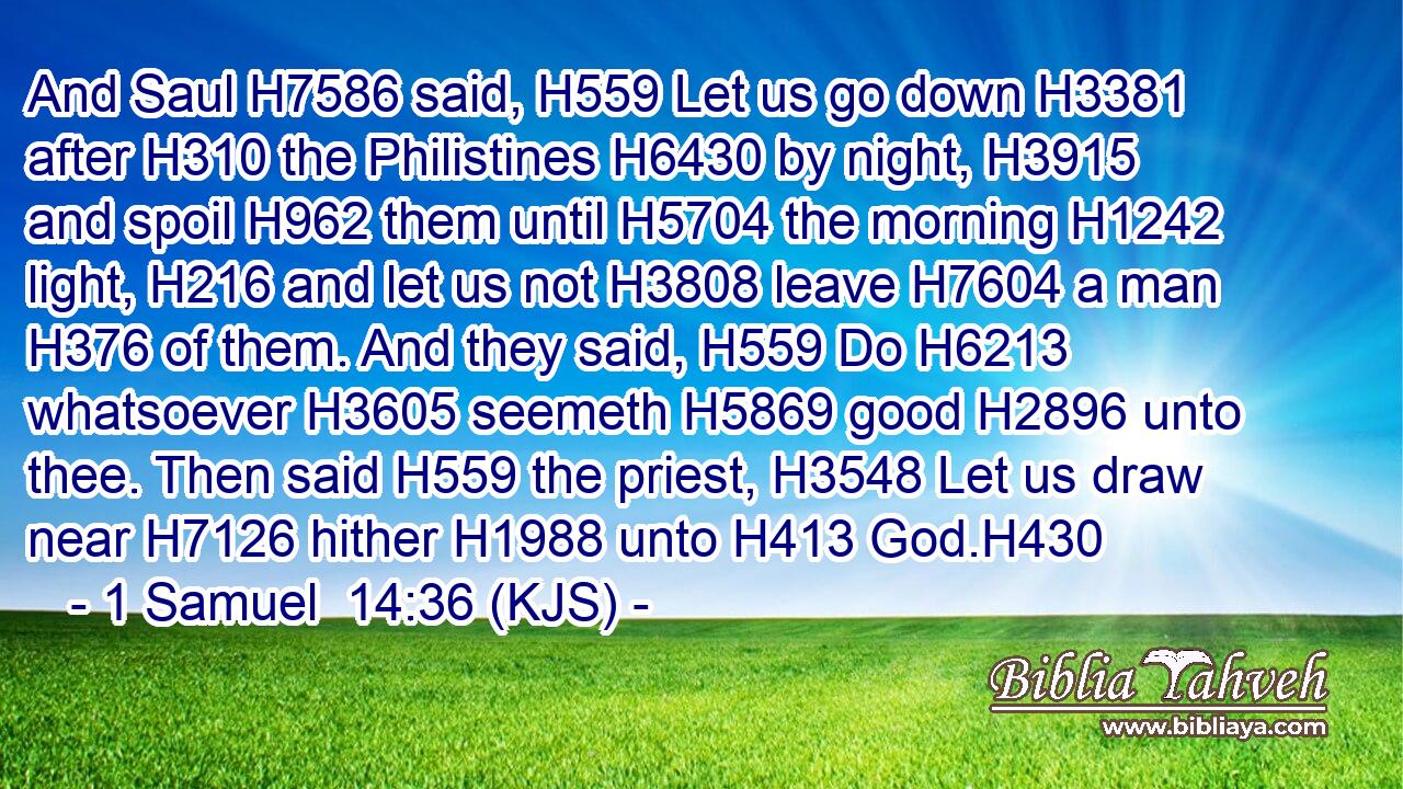 And Saul H7586 said, H559 Let us go down H3381 after H310 the Philistines H6430 by night, H3915 and spoil H962 them until H5704 the morning H1242 light, H216 and let us not H3808 leave H7604 a man H376 of them. And they said, H559 Do H6213 whatsoever H3605 seemeth H5869 good H2896 unto thee. Then said H559 the priest, H3548 Let us draw near H7126 hither H1988 unto H413 God.H430
