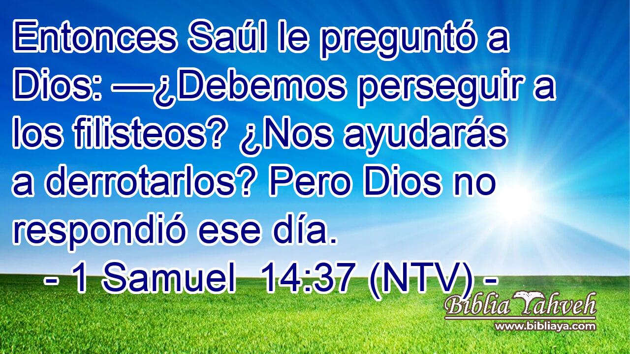 Entonces Saúl le preguntó a Dios: —¿Debemos perseguir a los filisteos? ¿Nos ayudarás a derrotarlos? Pero Dios no respondió ese día.