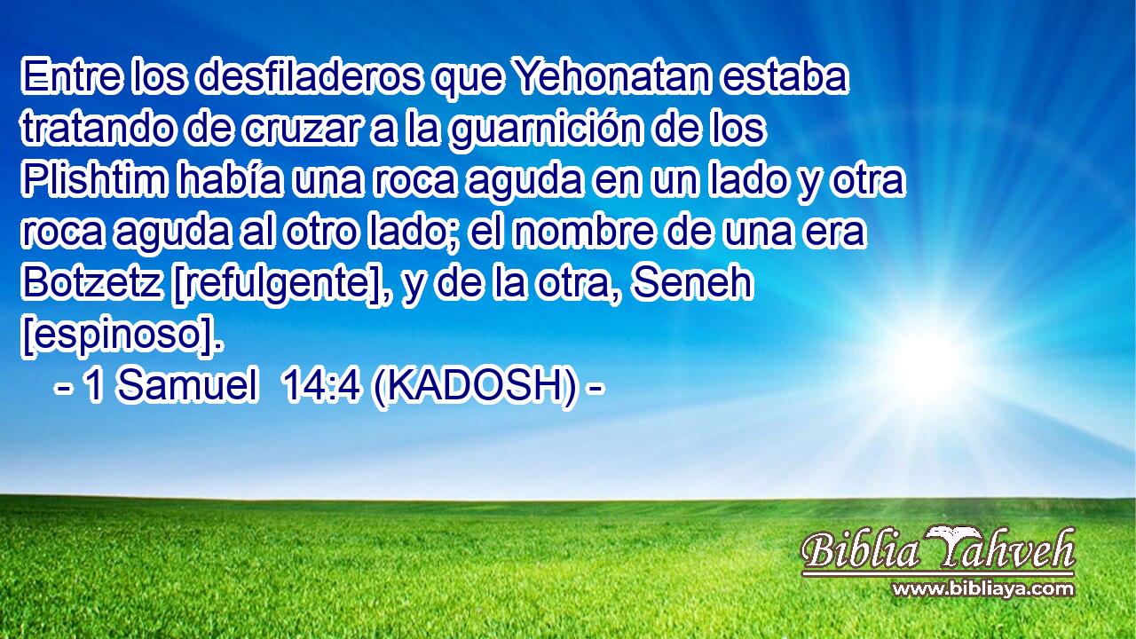  Entre los desfiladeros que Yehonatan estaba tratando de cruzar a la guarnición de los Plishtim había una roca aguda en un lado y otra roca aguda al otro lado; el nombre de una era Botzetz [refulgente], y de la otra, Seneh [espinoso]. 