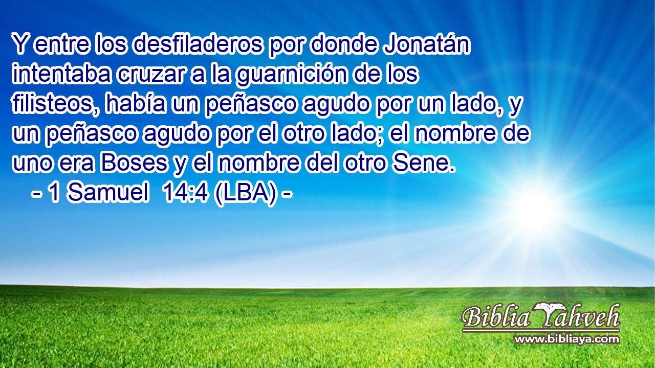 Y entre los desfiladeros por donde Jonatán intentaba cruzar a la guarnición de los filisteos, había un peñasco agudo por un lado, y un peñasco agudo por el otro lado; el nombre de uno era Boses y el nombre del otro Sene.