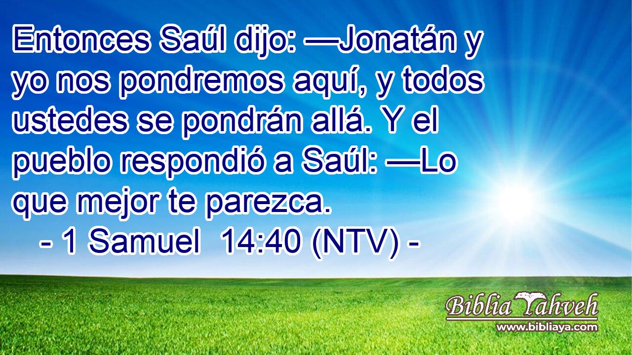 Entonces Saúl dijo: —Jonatán y yo nos pondremos aquí, y todos ustedes se pondrán allá. Y el pueblo respondió a Saúl: —Lo que mejor te parezca.