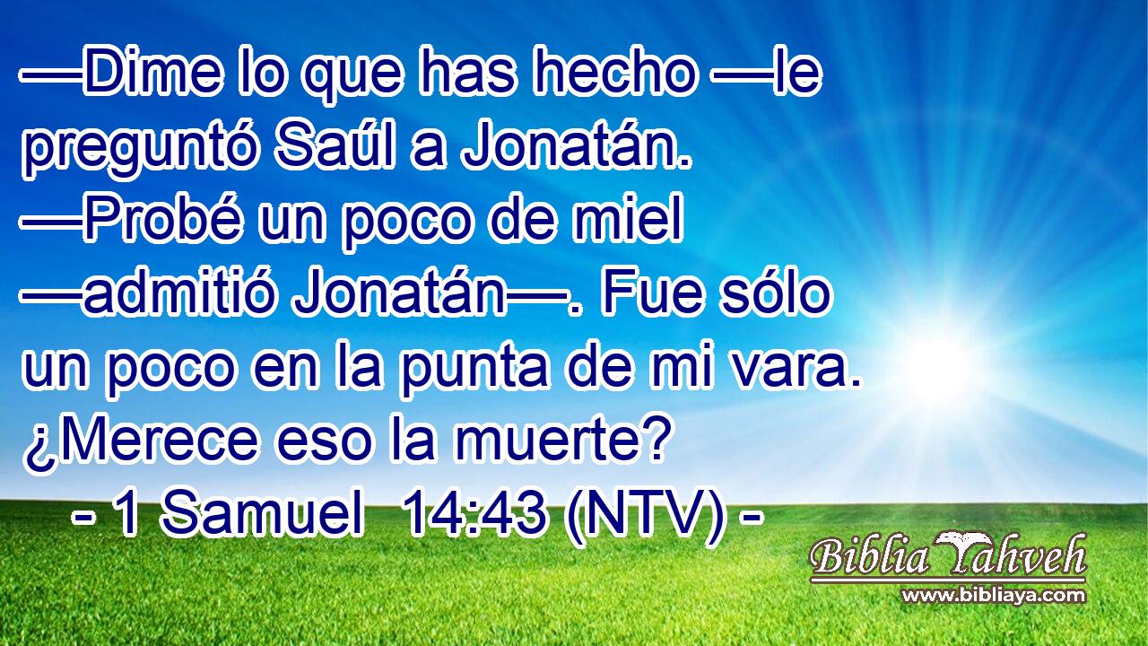 —Dime lo que has hecho —le preguntó Saúl a Jonatán. —Probé un poco de miel —admitió Jonatán—. Fue sólo un poco en la punta de mi vara. ¿Merece eso la muerte?