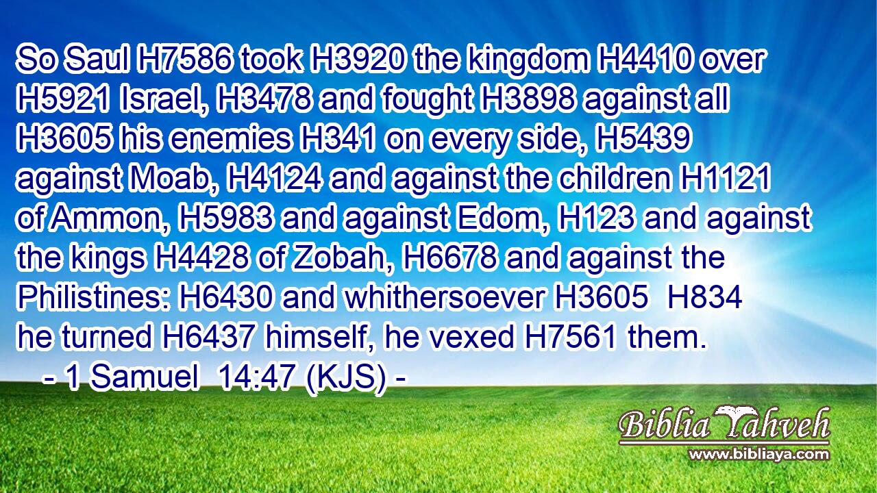 So Saul H7586 took H3920 the kingdom H4410 over H5921 Israel, H3478 and fought H3898 against all H3605 his enemies H341 on every side, H5439 against Moab, H4124 and against the children H1121 of Ammon, H5983 and against Edom, H123 and against the kings H4428 of Zobah, H6678 and against the Philistines: H6430 and whithersoever H3605  H834 he turned H6437 himself, he vexed H7561 them.