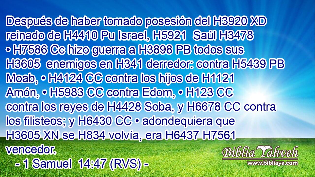 Después de haber tomado posesión del H3920 XD reinado de H4410 Pu Israel, H5921  Saúl H3478  • H7586 Cc hizo guerra a H3898 PB todos sus H3605  enemigos en H341 derredor: contra H5439 PB Moab, • H4124 CC contra los hijos de H1121 Amón, • H5983 CC contra Edom, • H123 CC contra los reyes de H4428 Soba, y H6678 CC contra los filisteos; y H6430 CC • adondequiera que H3605 XN se H834 volvía, era H6437 H7561 vencedor. 