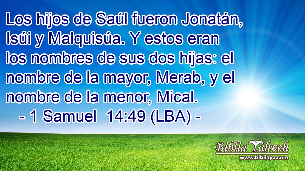 Los hijos de Saúl fueron Jonatán, Isúi y Malquisúa. Y estos eran los nombres de sus dos hijas: el nombre de la mayor, Merab, y el nombre de la menor, Mical.