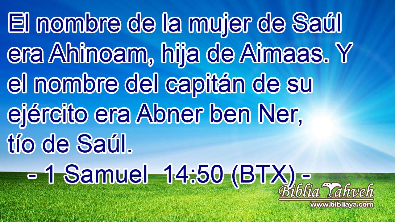 El nombre de la mujer de Saúl era Ahinoam, hija de Aimaas. Y el nombre del capitán de su ejército era Abner ben Ner, tío de Saúl.