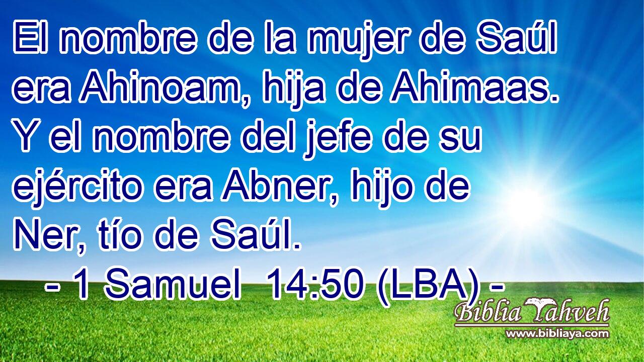 El nombre de la mujer de Saúl era Ahinoam, hija de Ahimaas. Y el nombre del jefe de su ejército era Abner, hijo de Ner, tío de Saúl.
