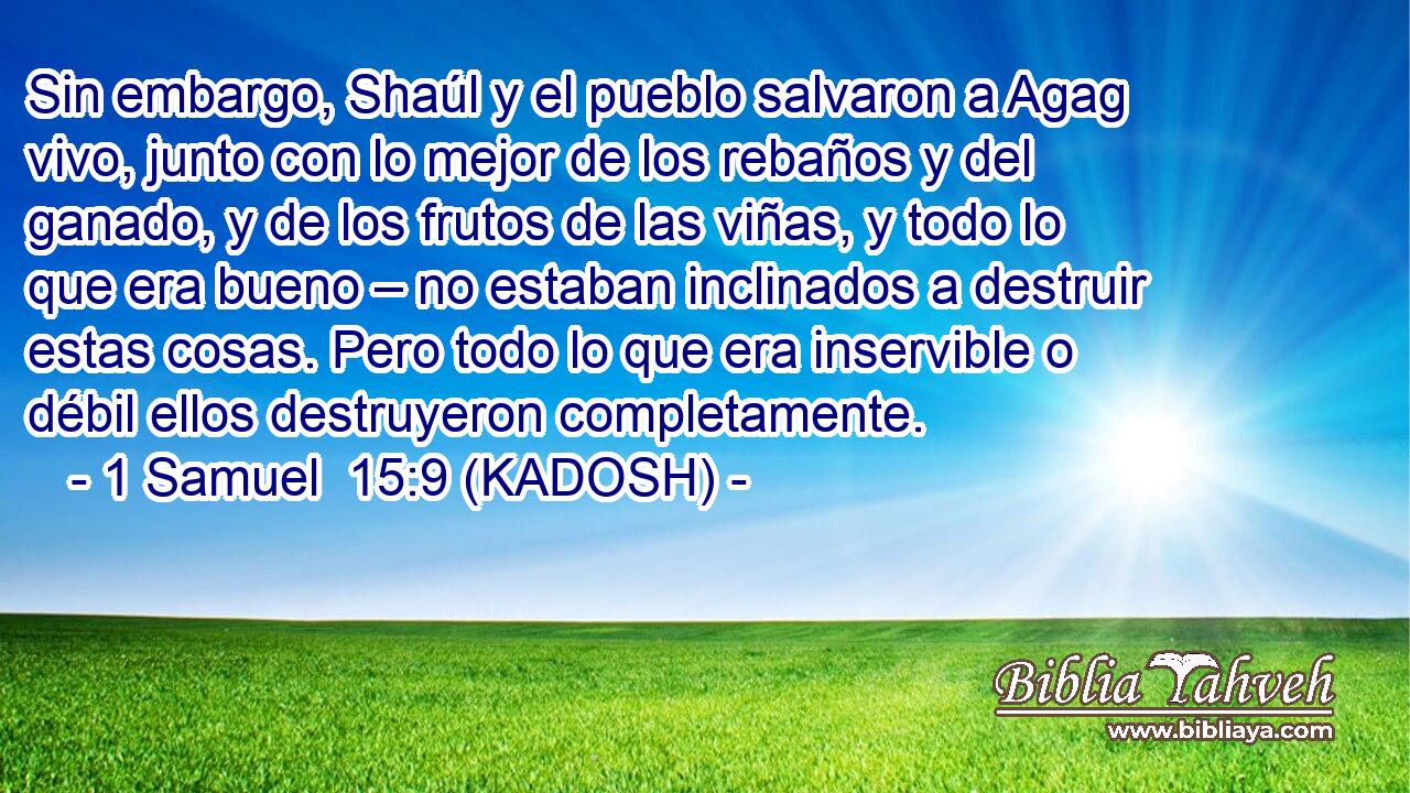  Sin embargo, Shaúl y el pueblo salvaron a Agag vivo, junto con lo mejor de los rebaños y del ganado, y de los frutos de las viñas, y todo lo que era bueno – no estaban inclinados a destruir estas cosas. Pero todo lo que era inservible o débil ellos destruyeron completamente. 