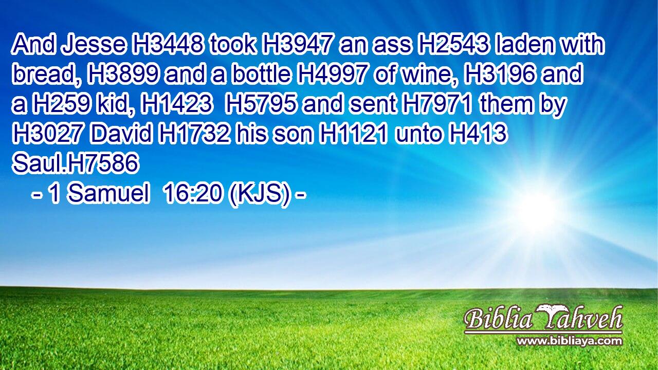 And Jesse H3448 took H3947 an ass H2543 laden with bread, H3899 and a bottle H4997 of wine, H3196 and a H259 kid, H1423  H5795 and sent H7971 them by H3027 David H1732 his son H1121 unto H413 Saul.H7586