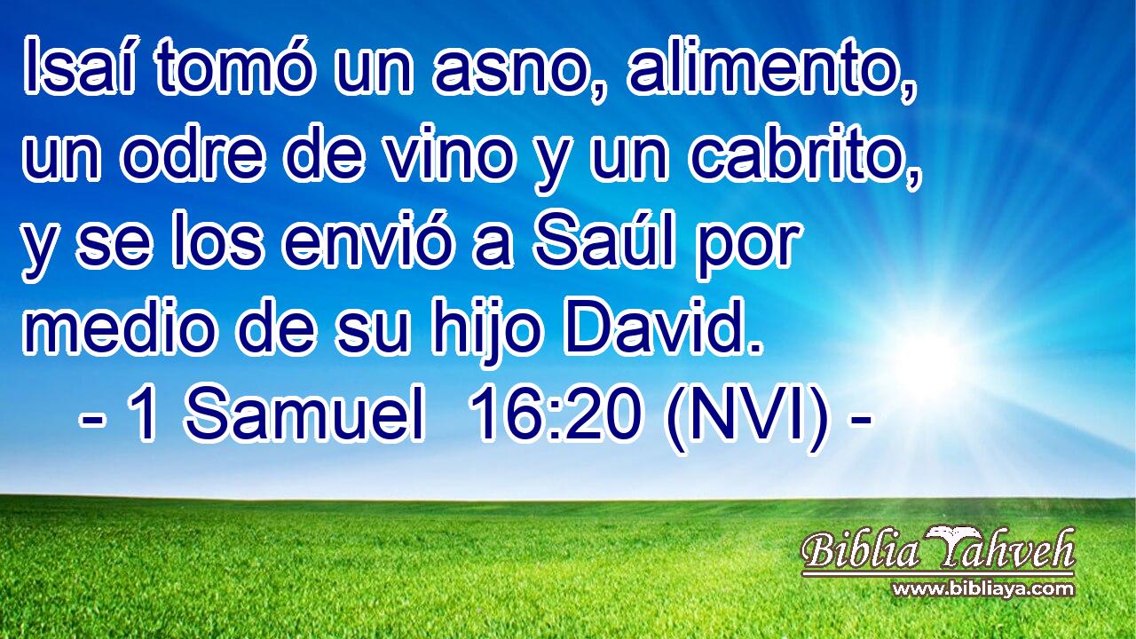  Isaí tomó un asno, alimento, un odre de vino y un cabrito, y se los envió a Saúl por medio de su hijo David. 