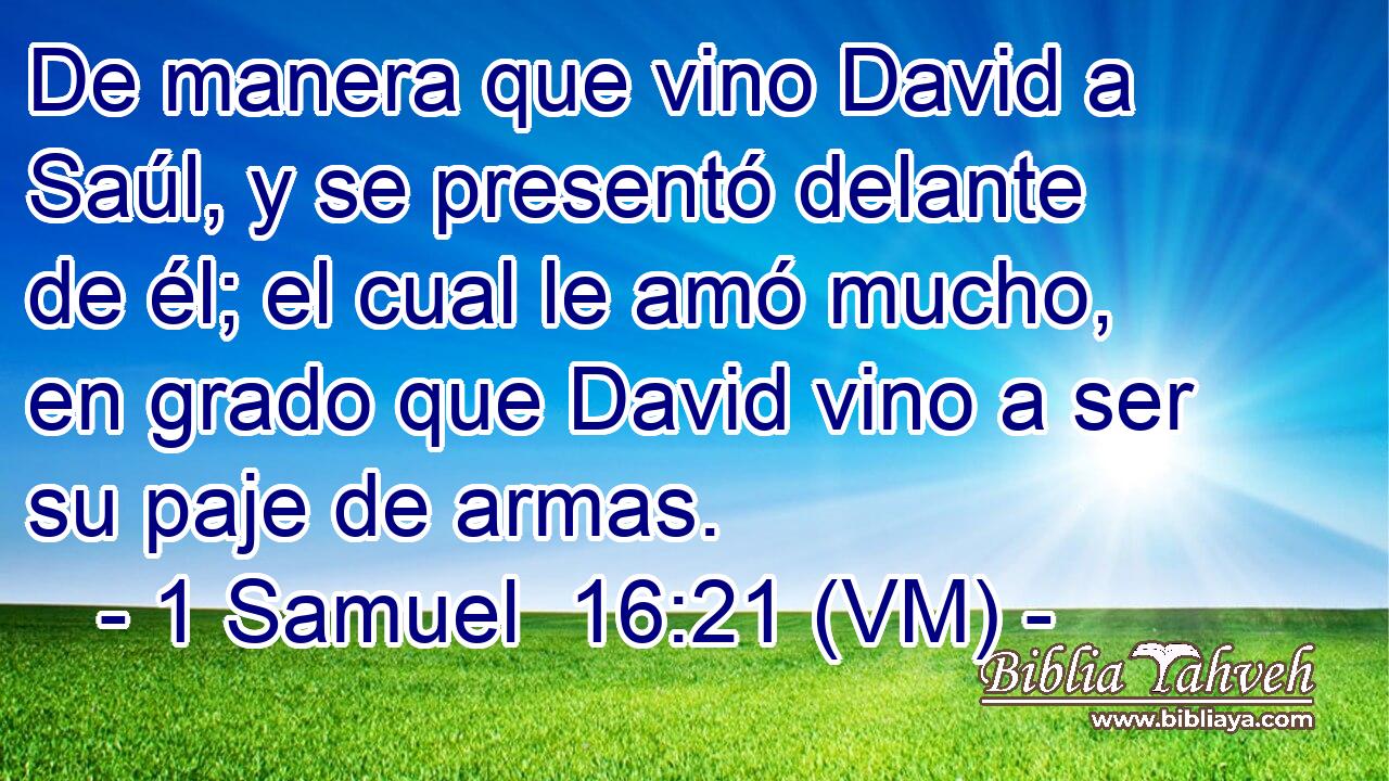  De manera que vino David a Saúl, y se presentó delante de él; el cual le amó mucho, en grado que David vino a ser su paje de armas. 