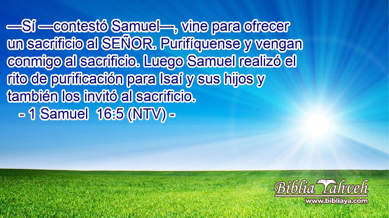 —Sí —contestó Samuel—, vine para ofrecer un sacrificio al SEÑOR. Purifíquense y vengan conmigo al sacrificio. Luego Samuel realizó el rito de purificación para Isaí y sus hijos y también los invitó al sacrificio.