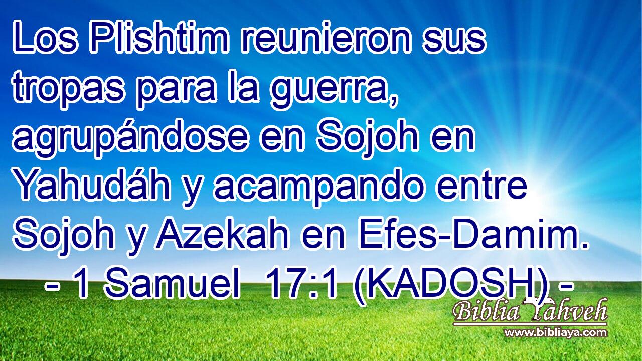  Los Plishtim reunieron sus tropas para la guerra, agrupándose en Sojoh en Yahudáh y acampando entre Sojoh y Azekah en Efes-Damim. 
