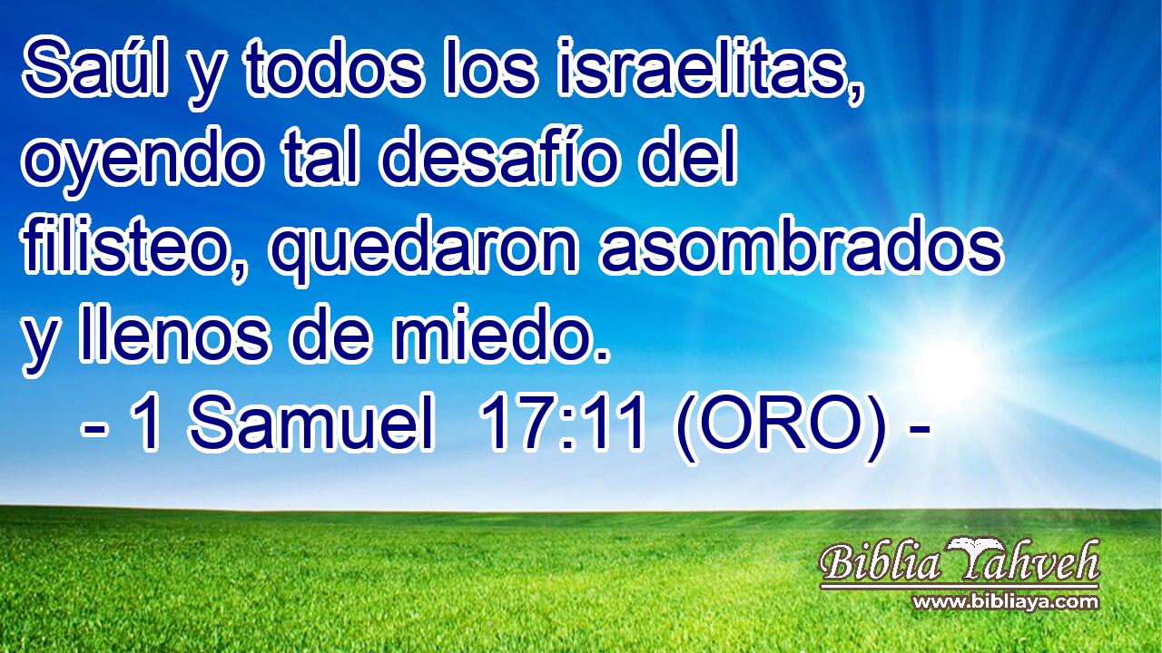 Saúl y todos los israelitas, oyendo tal desafío del filisteo, quedaron asombrados y llenos de miedo. 