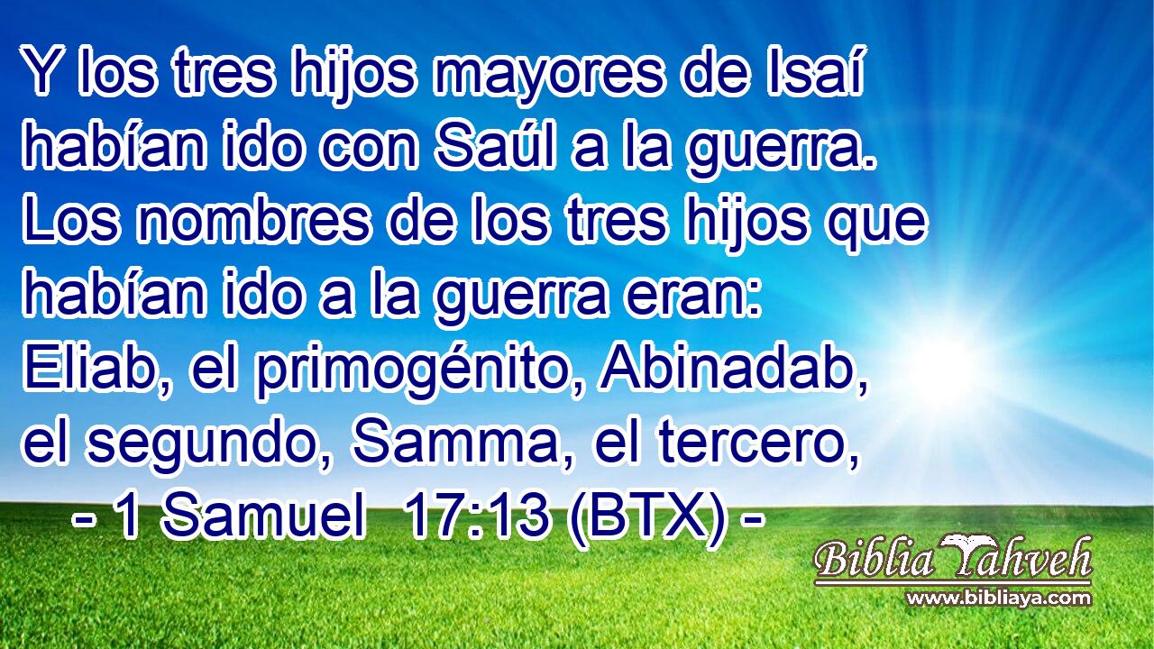 Y los tres hijos mayores de Isaí habían ido con Saúl a la guerra. Los nombres de los tres hijos que habían ido a la guerra eran: Eliab, el primogénito, Abinadab, el segundo, Samma, el tercero,