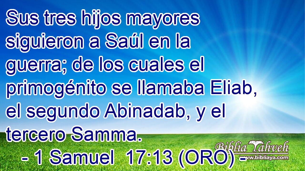  Sus tres hijos mayores siguieron a Saúl en la guerra; de los cuales el primogénito se llamaba Eliab, el segundo Abinadab, y el tercero Samma. 