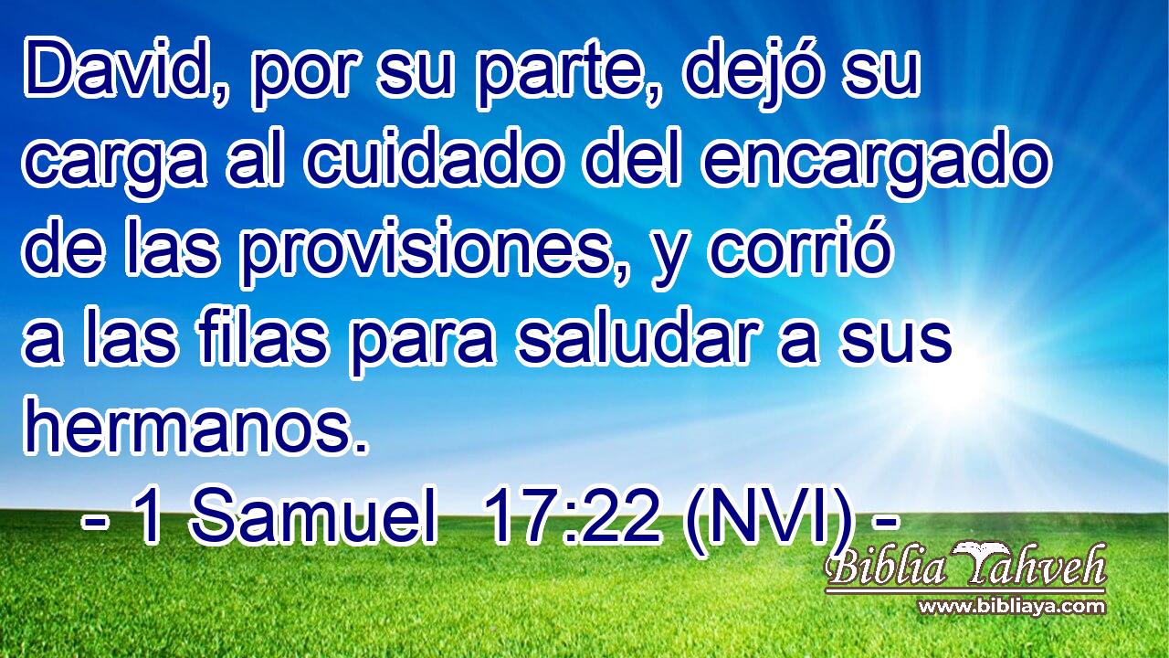  David, por su parte, dejó su carga al cuidado del encargado de las provisiones, y corrió a las filas para saludar a sus hermanos. 