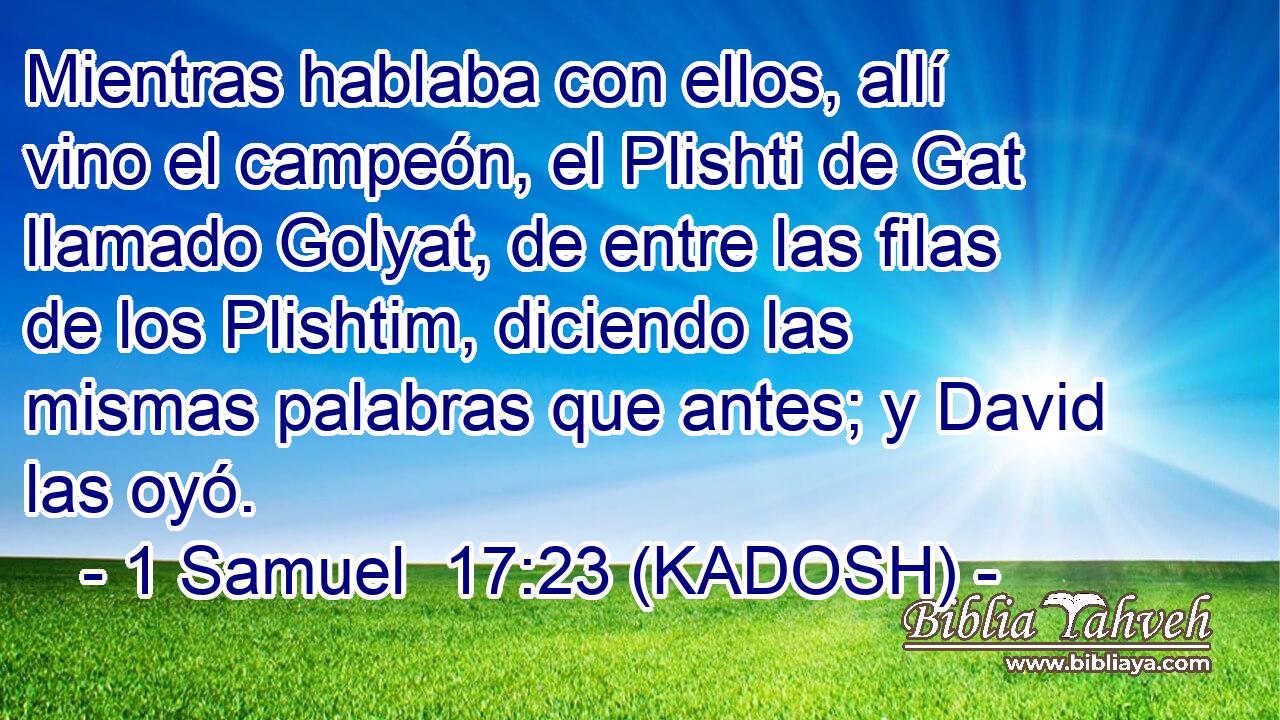  Mientras hablaba con ellos, allí vino el campeón, el Plishti de Gat llamado Golyat, de entre las filas de los Plishtim, diciendo las mismas palabras que antes; y David las oyó. 