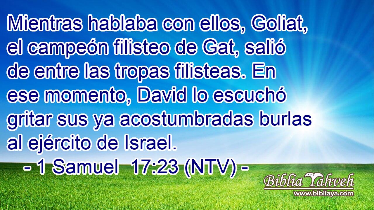 Mientras hablaba con ellos, Goliat, el campeón filisteo de Gat, salió de entre las tropas filisteas. En ese momento, David lo escuchó gritar sus ya acostumbradas burlas al ejército de Israel.