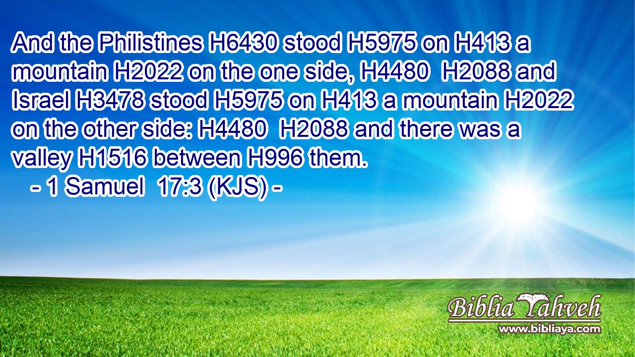 And the Philistines H6430 stood H5975 on H413 a mountain H2022 on the one side, H4480  H2088 and Israel H3478 stood H5975 on H413 a mountain H2022 on the other side: H4480  H2088 and there was a valley H1516 between H996 them.