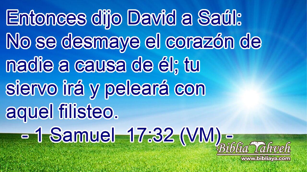  Entonces dijo David a Saúl: No se desmaye el corazón de nadie a causa de él; tu siervo irá y peleará con aquel filisteo. 