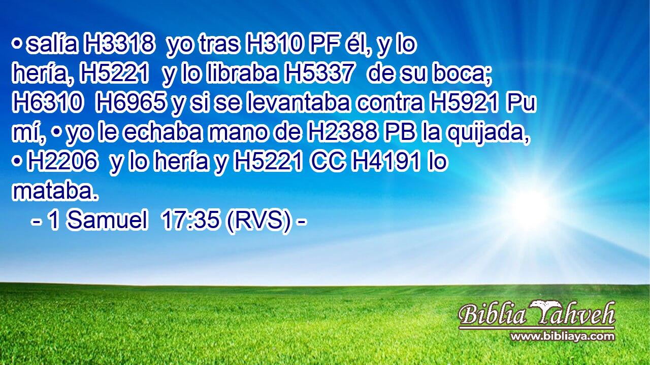 • salía H3318  yo tras H310 PF él, y lo hería, H5221  y lo libraba H5337  de su boca; H6310  H6965 y si se levantaba contra H5921 Pu mí, • yo le echaba mano de H2388 PB la quijada, • H2206  y lo hería y H5221 CC H4191 lo mataba. 