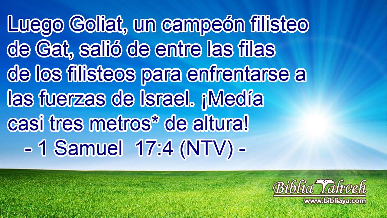 Luego Goliat, un campeón filisteo de Gat, salió de entre las filas de los filisteos para enfrentarse a las fuerzas de Israel. ¡Medía casi tres metros* de altura!