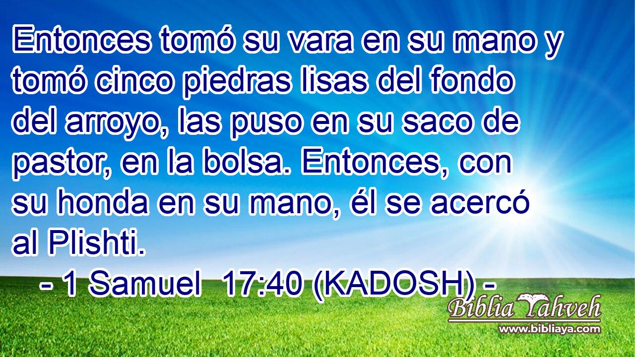  Entonces tomó su vara en su mano y tomó cinco piedras lisas del fondo del arroyo, las puso en su saco de pastor, en la bolsa. Entonces, con su honda en su mano, él se acercó al Plishti. 