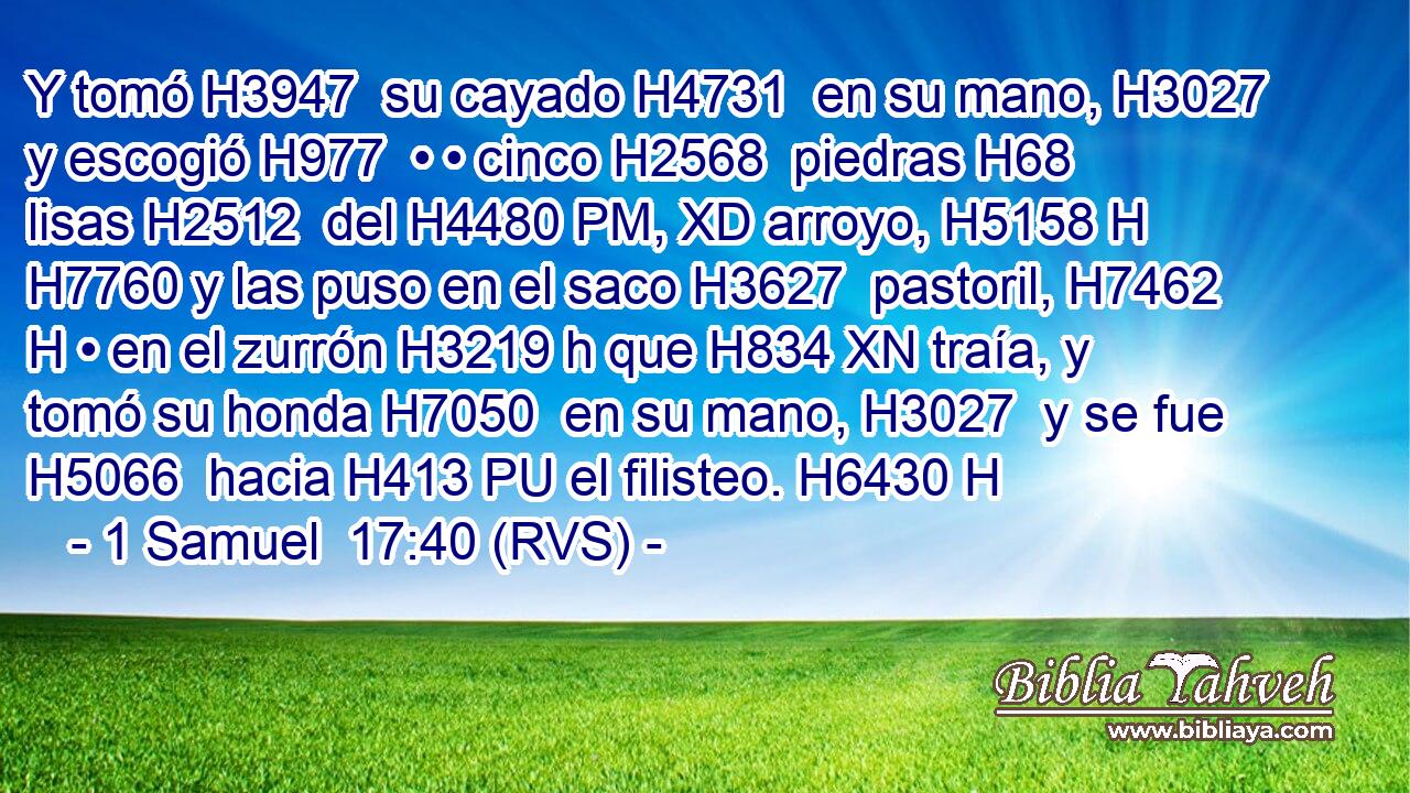 Y tomó H3947  su cayado H4731  en su mano, H3027  y escogió H977  • • cinco H2568  piedras H68  lisas H2512  del H4480 PM, XD arroyo, H5158 H H7760 y las puso en el saco H3627  pastoril, H7462 H • en el zurrón H3219 h que H834 XN traía, y tomó su honda H7050  en su mano, H3027  y se fue H5066  hacia H413 PU el filisteo. H6430 H 