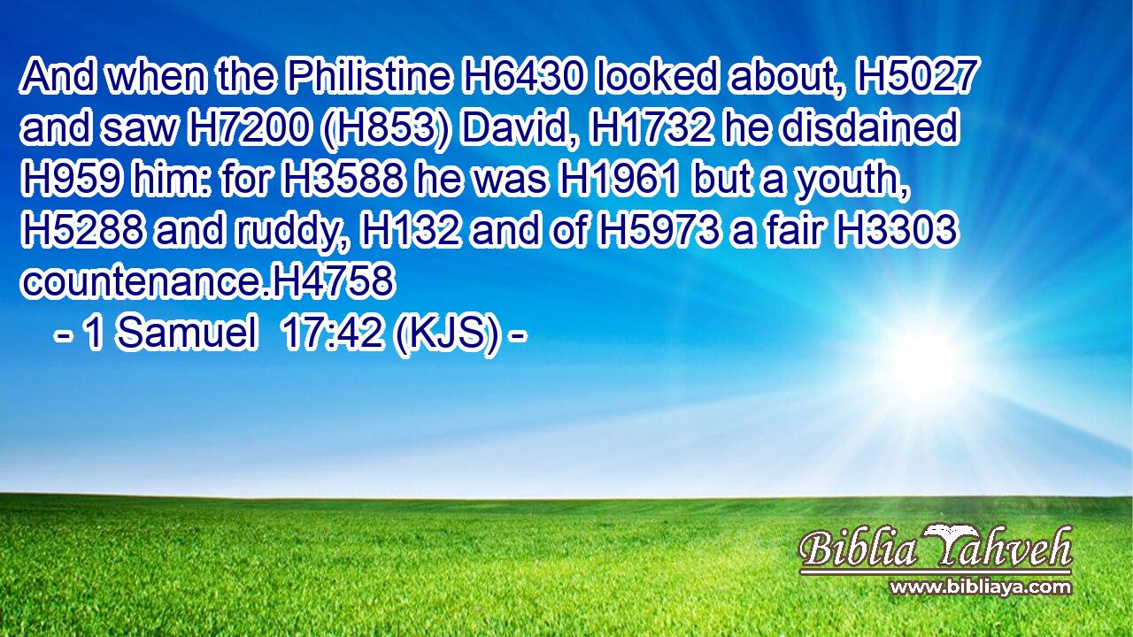And when the Philistine H6430 looked about, H5027 and saw H7200 (H853) David, H1732 he disdained H959 him: for H3588 he was H1961 but a youth, H5288 and ruddy, H132 and of H5973 a fair H3303 countenance.H4758