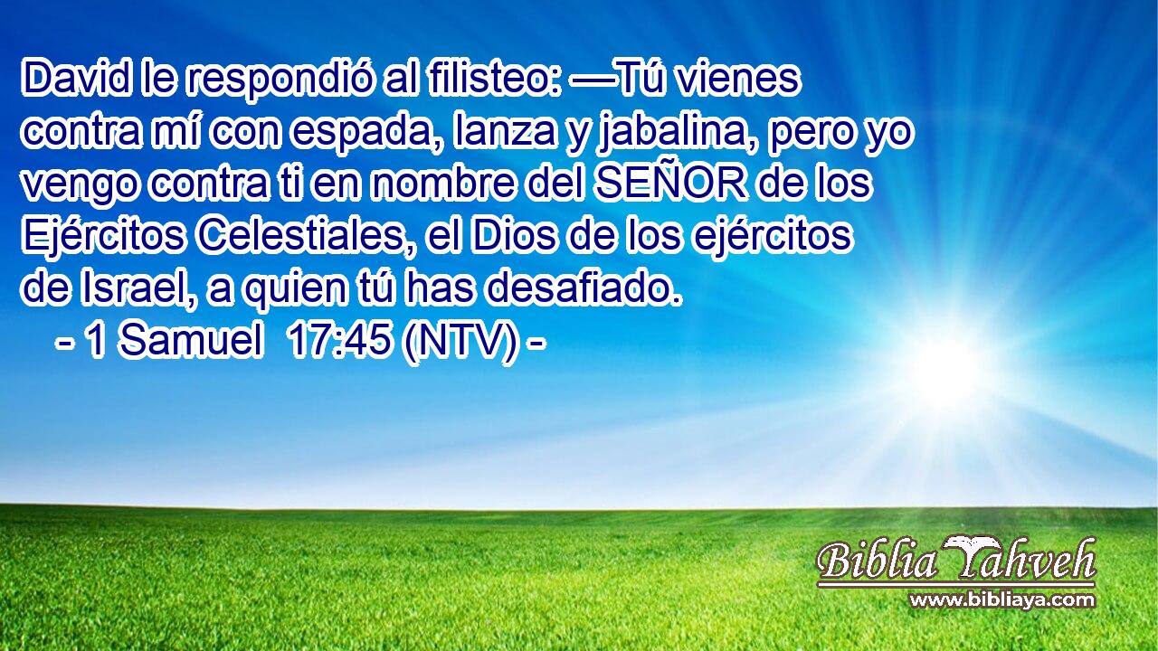 David le respondió al filisteo: —Tú vienes contra mí con espada, lanza y jabalina, pero yo vengo contra ti en nombre del SEÑOR de los Ejércitos Celestiales, el Dios de los ejércitos de Israel, a quien tú has desafiado.