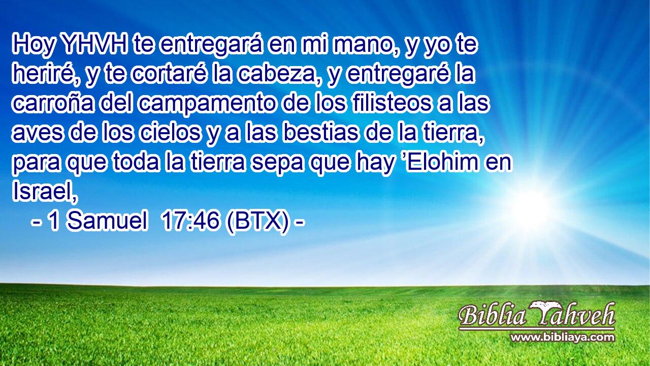 Hoy YHVH te entregará en mi mano, y yo te heriré, y te cortaré la cabeza, y entregaré la carroña del campamento de los filisteos a las aves de los cielos y a las bestias de la tierra, para que toda la tierra sepa que hay ’Elohim en Israel,